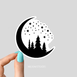 luna negra árboles estrellas camping sol pegatinas divertidas, calcomanías para portátiles de camping de montaña, pegatinas de vaso de campamento, pegatina de botella de agua, botella de agua