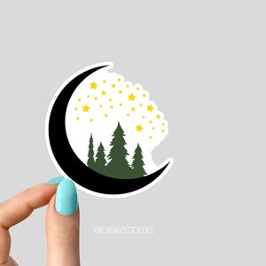 luna árboles verdes estrellas amarillas pegatinas divertidas, calcomanías para portátiles de camping de montaña, pegatina de vaso de campamento, pegatina de botella de agua, calcomanía de botella de agua