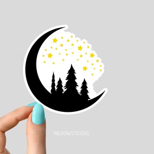 alberi lunari stelle gialle adesivi divertenti, decalcomanie per laptop da campeggio in montagna, adesivo per bicchiere da campo, adesivo per bottiglia d'acqua, bottiglia d'acqua