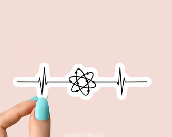 science atom heartbeat sticker, funny science stickers, science laptop decals, biology chemistry stickers, water bottle