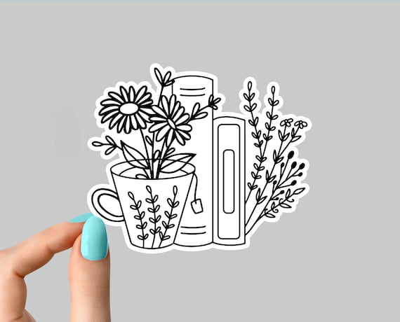 tea bookshelf flower sticker, reading stickers, book stickers, nerdy motivation laptop decals, motivational stickers, water bottle sticker