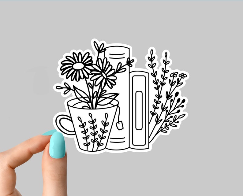 tea bookshelf flower sticker, reading stickers, book stickers, nerdy motivation laptop decals, motivational stickers, water bottle sticker image 1