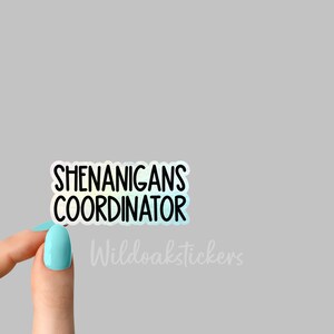 May include: A white sticker with the words "SHENANIGANS COORDINATOR" in a black, bold font. The sticker has a light blue and yellow gradient border. The Wildoakstickers logo is visible in the bottom right corner.