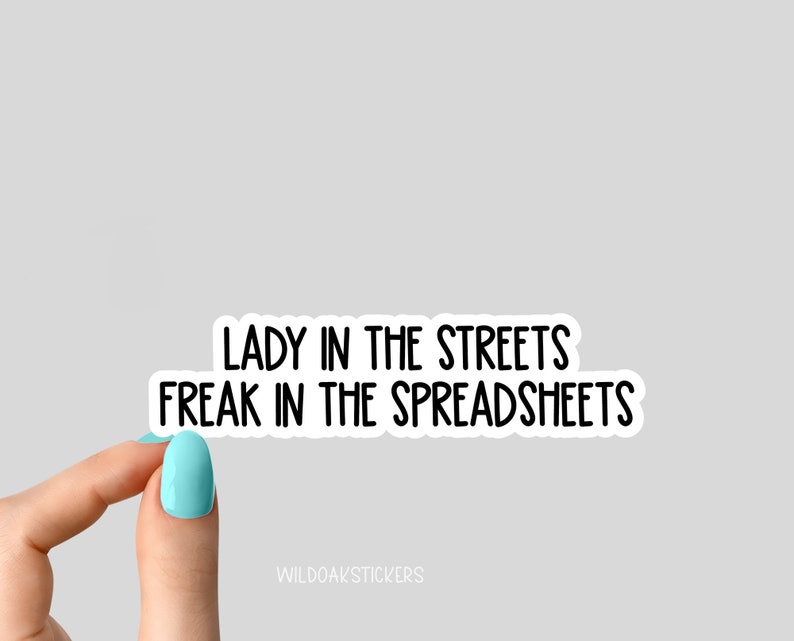 May include: White sticker with black text that reads "Lady in the streets, Freak in the spreadsheets".
