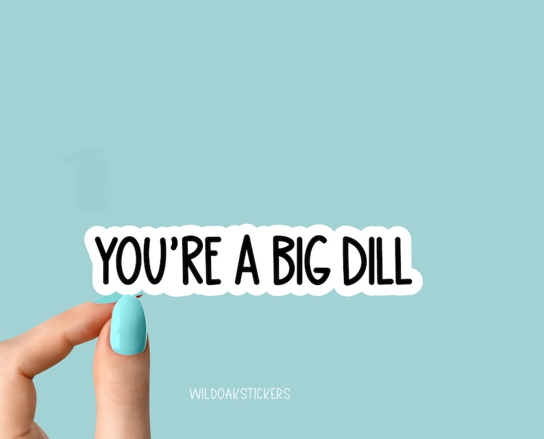 May include: White sticker with black text that reads "YOU'RE A BIG DILL" on a light blue background.