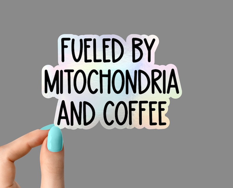 May include: A holographic sticker with the text "Fueled by Mitochondria and Coffee" in black lettering.