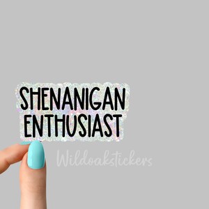 K&ouml;nnte beinhalten: Ein silberner Glitzeraufkleber mit dem Text "Shenanigan Enthusiast" in schwarzen Buchstaben.