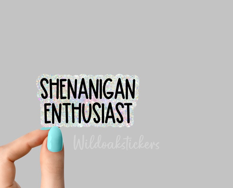 K&ouml;nnte beinhalten: Ein silberner Glitzeraufkleber mit dem Text "Shenanigan Enthusiast" in schwarzen Buchstaben.