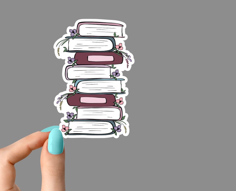 stacked books flower #1 stickers, funny book stickers, books laptop decals, tumbler stickers, car stickers, water bottle sticker image 1