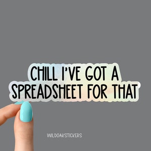 May include: A rainbow iridescent sticker with the text "Chill I've got a spreadsheet for that".
