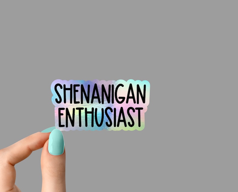 K&ouml;nnte beinhalten: Ein holografischer Aufkleber mit einem regenbogenfarbenen, schillernden Hintergrund und schwarzem Text, der "Shenanigan Enthusiast" lautet.