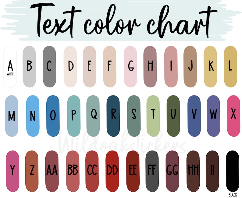May include: Text color chart with 26 color swatches labeled with letters from A to Z and then AA to II. The colors range from white to black.