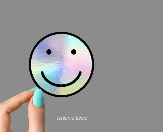 holographic smiley face stickers, happy funny sticker, be happy holographic stickers, holographic sticker, funny stickers, holographic decal