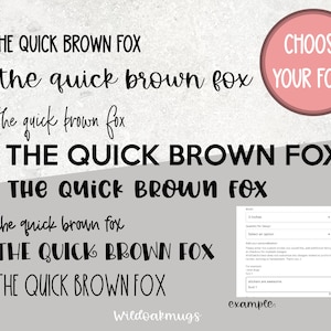 Pu&ograve; includere: Un'immagine digitale che mostra otto diversi stili di font per la frase "The Quick Brown Fox". L'immagine include anche un cerchio rosa con il testo "Scegli il tuo font" e uno screenshot di un modulo di progettazione del prodotto personalizzabile.