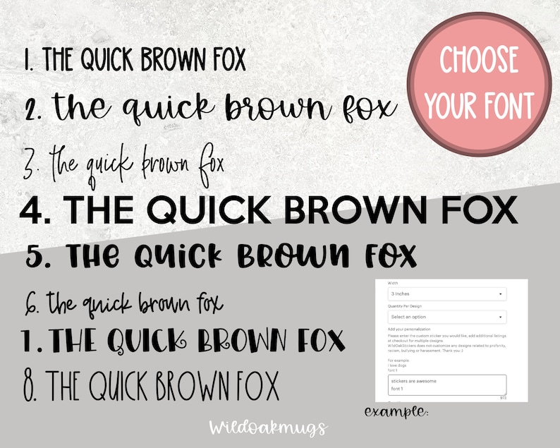 Pu&ograve; includere: Un'immagine digitale che mostra otto diversi stili di font per la frase "The Quick Brown Fox". L'immagine include anche un cerchio rosa con il testo "Scegli il tuo font" e uno screenshot di un modulo di progettazione del prodotto personalizzabile.
