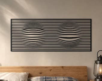Geometrische Metallwandkunst, Wellenpaneel mit optischer Täuschung, große abstrakte Stahlskulptur, moderne Wohndekoration