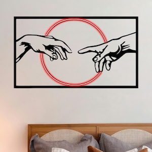 Creation of Adam Hands Metal Wall Art with Neon Light – Black Steel LED Decor, Minimalist Modern Line Art for Living Room or Gaming Room