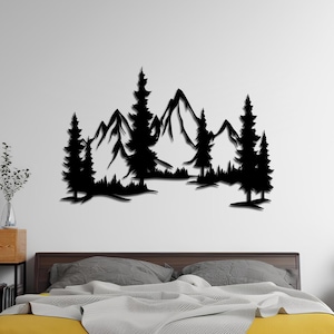 Cadeau déco murale en métal forêt de montagne, grande tenture murale tendance en métal, décoration de salon, décoration extérieure, oeuvre d&#39;art murale en métal nature
