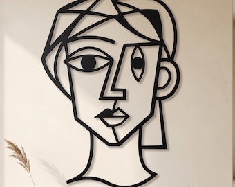 Metallwandkunst im Picasso-Stil, kubistisches Gesicht Wandskulptur, modernes abstraktes Porträt Stahldekor, Designer Galerie Statement-Geschenk