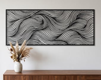 Abstrakte Metallwandkunst, Paneel mit fließenden Wellen, moderne Wohnzimmerdekoration, lasergeschnittene Stahllinienkunst, großes Wandbild, Einzugsgeschenk