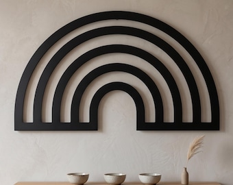Konzentrische Bögen Metallwandkunst, Boho Regenbogenbogen-Wanddekoration, minimalistische Stahlwandskulptur, modernes Japandi-Statement-Geschenk