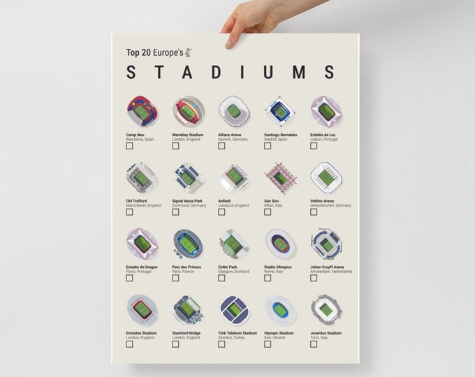 Soccer Stadium Checklist Poster: Top 20 Europe's Stadiums, Iconic Stadiums in Europe