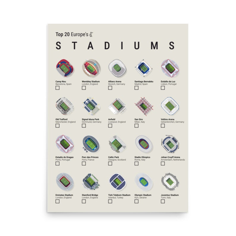 Detailed checklist poster of Europe's top soccer stadiums, showcasing key venues from the English Premier League, La Liga, Bundesliga, and Ligue 1. Ideal for enthusiasts aiming to visit or celebrate the continent's most famous stadiums