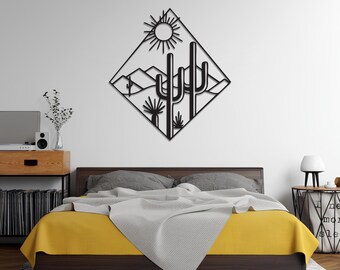 Arte de pared de metal con cactus, paisaje de montaña desértico, decoración rústica moderna