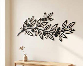 Olivenzweig-Metallwandkunst, mediterrane botanische Wandskulptur, minimalistisches Stahl-Olivenbaumdekor, Hochzeitsjubiläumsgeschenk