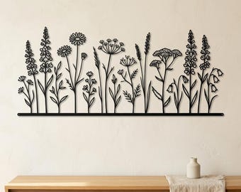 Metall-Wandbild mit Wildblumenmuster, Stahlskulptur einer botanischen Wiese, florale Dekoration für über dem Bett, Geschenk zum Hochzeitstag