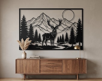 Wandbild aus Metall mit Hirschmotiv, Wald- und Bergpanorama, Hirsch-Wanddeko, Hüttendeko, Jagdgeschenk für ihn, Geschenk für Naturliebhaber, Wildtierkunst