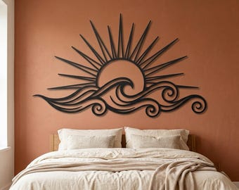 Wandbild aus Metall mit Sonnenmotiv, Boho-Dekoration mit Sonnenuntergangs- und Meereswellenmotiv, Wandbehang mit Sonnenaufgangsmotiv, Dekoration über dem Bett, Kunst für ein Strandhaus im Küstenstil, Einzugsgeschenk