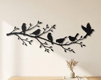 Metall-Wandbild „Vögel auf einem Ast“, Baumskulptur aus Stahl, Naturdeko für über dem Bett, Einzugsgeschenk