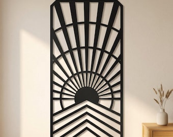 Wandbild aus Metall mit Sonnenmotiv, Deko-Sonnenaufgangs-Paneel, hohe vertikale Stahlskulptur, moderne geometrische Eingangsbereichdekoration