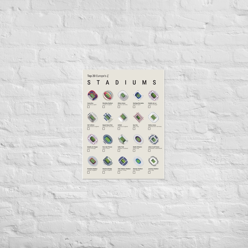 Wall art featuring a soccer stadium checklist from Europe’s foremost leagues: EPL, La Liga, Bundesliga, and Ligue 1. This poster is a must-have for soccer fans and collectors interested in the sport's most revered stadiums