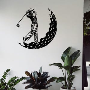 Golf Metal Wall Art – Golfer Silhouette in Crescent Moon, Black Steel Wall Decor, Outdoor Patio or Man Cave Gift, Modern Sports Artwork