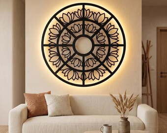 Lotus Mandala LED-Metallwandkunst, Boho-Heilige Geometrie Wandskulptur, rundes hinterleuchtetes Stahldekor, modernes Yoga-Meditationsstatementgeschenk