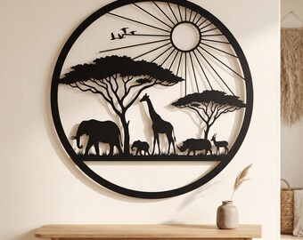 Afrikanische Safari Metallwandkunst, runde Akazienbaum-Sonnenuntergang-Skulptur, Elefant-Giraffe-Nashornwildleder-Dekor, Boho Wohnzimmer Housewarminggeschenk