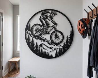 Mountainbike-Wandbild aus Metall, MTB-Fahrer-Kreisdeko, Geschenk für Radfahrer, Waldweg-Motiv, Geschenk für Fahrradliebhaber, Abenteuer-Wanddeko