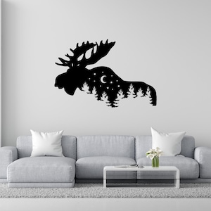 Moose Alternative Metal Wall Art – Laser Cut Moose Silhouette with Forest and Night Sky – Rustic Nature Decor for Living Room Office Gift