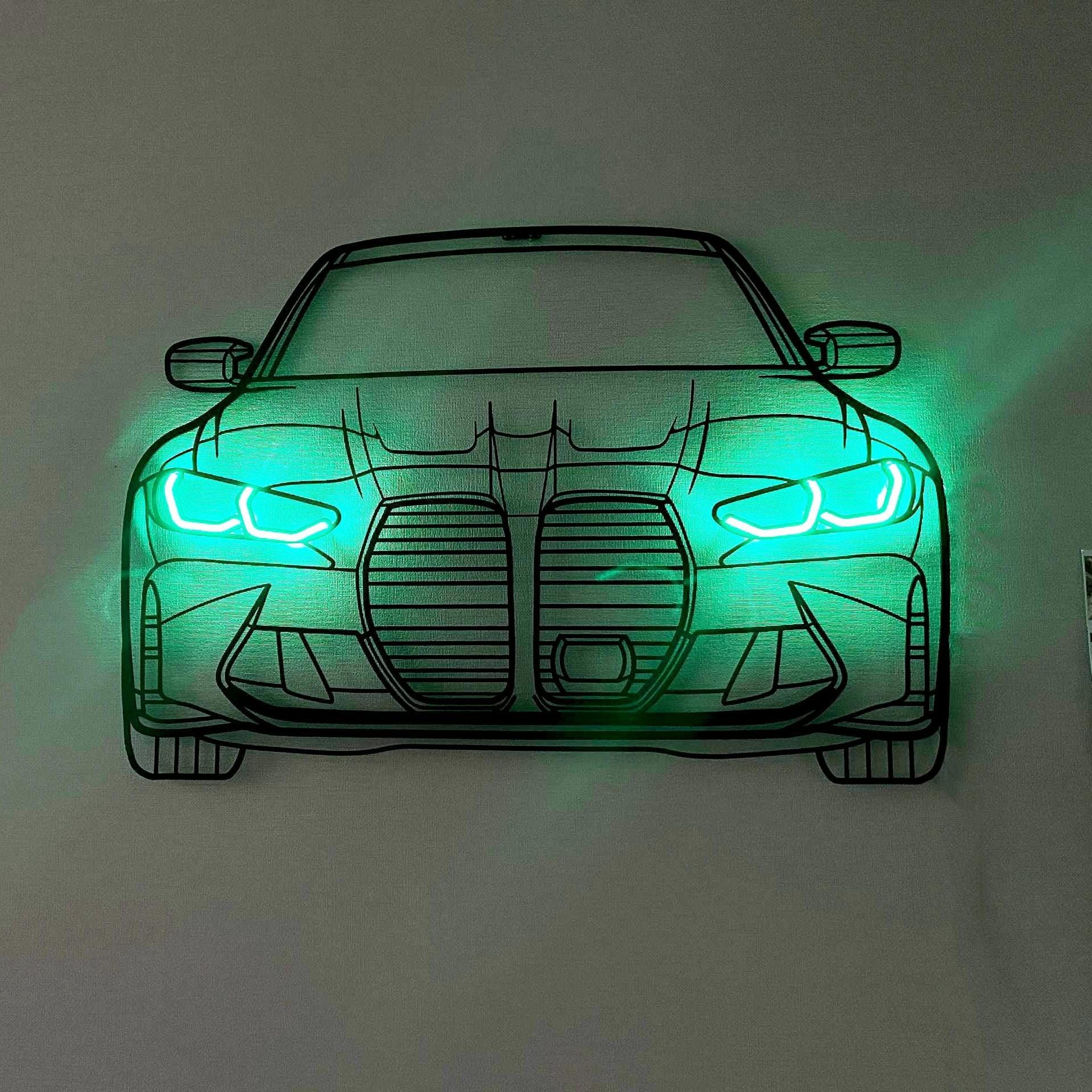 Neon Car Metal Wall Art: LED Headlight Automotive Decor