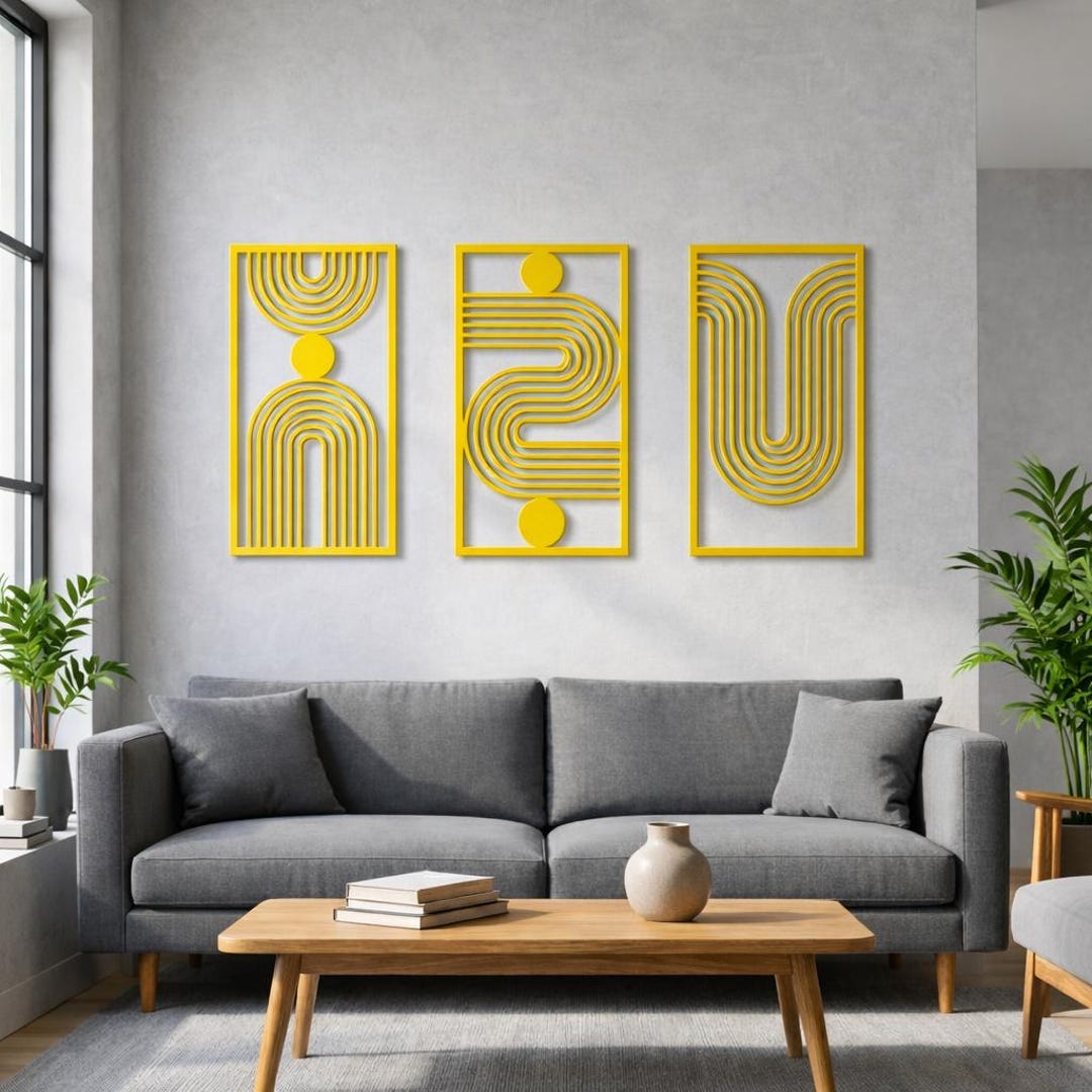 Abstract Metal Decor: Metal Wall Art, Laser Cut, 3 Panel Set for Living ...