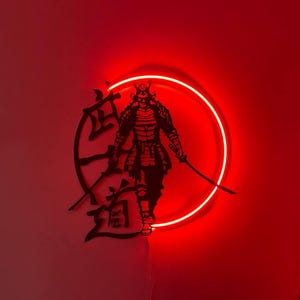 Samurai Metal Wall Art with Neon Light: Japanese Warrior Katana Silhouette