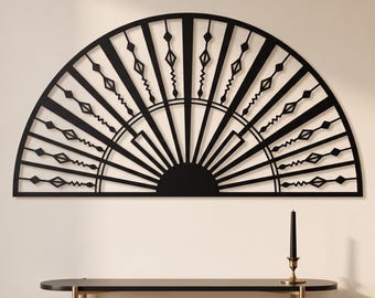 Art Deco Fan Metallwandkunst, Sunburst Halbkreis Wandskulptur, Great Gatsby Glam Stahldekor, modernes Wohnzimmer Statement Geschenk