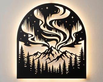 Aurora Borealis LED-Metallwandkunst, Nordlicht-Gebirgswaldszene, von hinten beleuchtete Stahlwandskulptur, nordisches modernes Wanddekorgeschenk