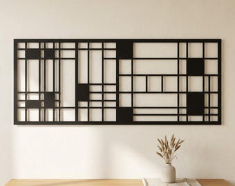 Geometrische Metallwandkunst, brutalistisches Gitterpaneel, große abstrakte Stahlskulptur, moderne Architekturdekoration