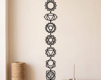 Sieben Chakren Metall Wandkunst, Vertikale Chakra Symbole Skulptur, Yoga Studio Meditation Dekor, spirituelle Heilige Geometrie Wandbehang