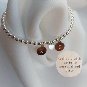 Pulsera con inicial de plata de ley, pulsera personalizada, pulsera de plata para niños, pulsera familiar, pulsera elástica, pulsera de bolas