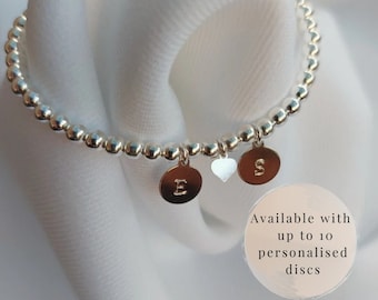 Pulsera con inicial de plata de ley, pulsera personalizada, pulsera de plata para niños, pulsera familiar, pulsera elástica, pulsera de bolas.