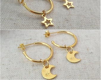 Gold Moon Hoops, Gold Star Ear Hoops, Gold Celestial Hoops, Gold Hoop Earrings, Gold Moon Earrings, Gold Star Earrings Personalised Earrings